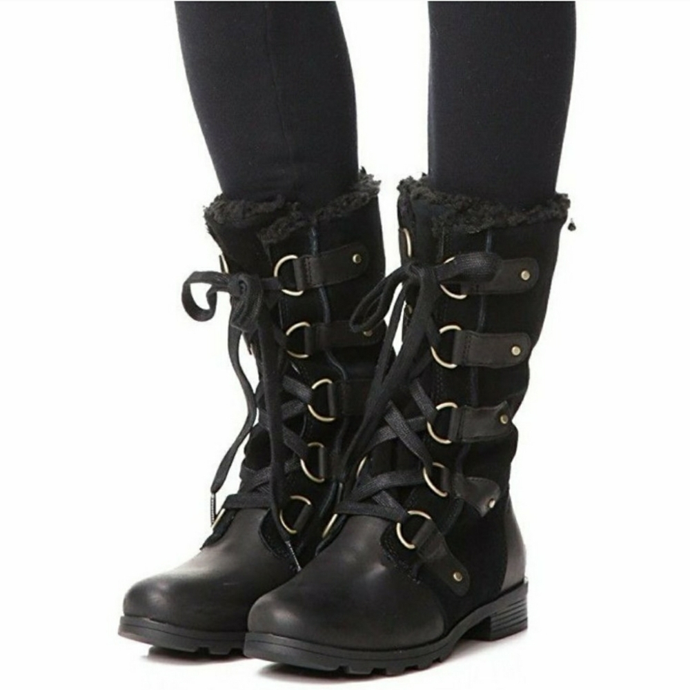 Sorel Emelie Lace Up Tall Snow Boots Waterproof Leather Suede Faux Fur 9